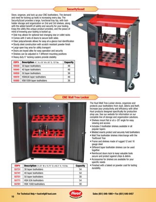 Sales (651) 646-1869 • Fax (651) 646-0457For Technical Help • huotmfg@huot.com
10
SecurityScoot
Store, organize, and lock up your CNC toolholders. The demand
and need for locking up tools is increasing every day. The
SecurityScoot provides a large, functional tray top, with tool-
holder storage and organization on 2nd and 3rd shelves, along
with the added benefit of safety and security for your tooling.
Enjoy the utility this unique product provides, and the peace of
mind of knowing your tooling is locked up.
• Side tray allows for optional tool changing vise or collet racks
• Comes with 2 sets of doors to secure both sides
• Clear polycarbonate allows for easy at-a-glance tool identification
• Sturdy steel construction with scratch resistant powder finish
• Large open tray area for utility transport
• Doors are keyed alike for easy operation and security
• Shelves can be adjusted in 7 different mounting positions
• Heavy duty 5" locking casters provide stability
EDP# Description 41" H x 35" W x 20" D, 127 lbs Capacity
16930 30 taper toolholders 48
16940 40 taper toolholders 48
16950 50 taper toolholders 36
16970 HSK63A taper toolholders 48
16980 HSK100A taper toolholders 36
CNC Wall Tree Locker
The Huot Wall Tree Locker stores, organizes and
protects your toolholders from dust, debris and theft.
Increase your productivity and efficiency with other
Huot products designed specifically for production
shop use. See our website for information on our
complete line of storage and organization solutions.
• Shelves mount flat or at a -20˚ angle for easy
	 viewing and access
• Includes 3 toolholder shelves available in all
	 popular tapers
• Molded inserts protect and securely hold toolholders
• Wall Tree toolholder shelves interchange with the 	
	 ToolScoot Tree
• Frame and shelves made of rugged 12 and 16 		
	 gauge steel
• Different taper toolholder shelves can be used 		
	 together
• Reinforced doors lock to keep valuable tools 		
	 secure and protect against chips & debris
• Accessories for shelves are available for your
	 specific needs
• Finished with a baked on powder coat for lasting 	
	 durability
EDP# Description 31.25" W x 15.75" D x 46.5" H, 110 lbs. Capacity
55731 30 taper toolholders 54
55741 40 taper toolholders 54
55751 50 taper toolholders 30
55771 HSK 63A toolholders 54
55781 HSK 100A toolholders 30
 