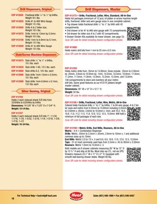 Sales (651) 646-1869 • Fax (651) 646-0457For Technical Help • huotmfg@huot.com
18
EDP #13000	 Fractional drills 1
⁄16 to 1
⁄2 by 64ths.
	 Weight 101
⁄4 lbs.
EDP #13025 	 Drills #1 to #60 Wire Gauge.
	 Weight 131
⁄4 lbs.
EDP #13050	 Drills A to Z letter size.
	 Weight 101
⁄4 lbs.
EDP #13075	 Drills 1mm to 13mm by 0.5mm.
	 Weight 103
⁄4 lbs.
EDP #13100	 Drills 1mm to 6.9mm by 0.1mm.
	 Weight 133
⁄4 lbs.
EDP #13040	 Drills #1 to #80 Wire Gauge
	 Weight 133
⁄4 lbs.
Drill Dispensers, Original
EDP #13015	 Stub drills 1
⁄16 to 1
⁄2 x 64ths,
	 101
⁄4 lbs. each
EDP #13030	 Stub drills 1-60, 131
⁄4 lbs. each
EDP #13060	 Stub drills A-Z, 101
⁄4 lbs. each
EDP #13080	 Stub drills 1mm-13mm x 0.5mm, 	
	 101
⁄4 lbs. each
EDP #13090	 Stub drills 1mm-6.9mm x 0.1mm, 	
	 133
⁄4 lbs. each
Stub/Screw Machine Dispensers
Silver Deming, Original
EDP #13175 • Drills, Fractional, Letter, Wire, Standard, All-In-One
Holds full packages (minimum of 12 pcs.) of jobber or screw machine length
drills, fractional, letter and wire gauge sizes in one complete cabinet.
• ­Top drawer holds fractional drills 1
⁄16 to 1
⁄2 by 64th with 42 		
compartments.
• 2nd drawer is for #1 to #60 wire gauge with 75 compartments.
• 3rd drawer for letter size A to Z with 42 compartments.
• Drawer Divider Kits available for lower drawer, see page 23.
Scan QR code for detail including drawer configuration photos.
EDP #13085
Holds metric drill bits from 1 mm to 25 mm x 0.5 mm.
Scan QR code for detail including drawer configuration photos.
EDP #13180
Holds metric drills from .35mm to 13.00mm. Sizes include: .35mm to 2.50mm
by .05mm, 2.6mm to 10.0mm by .1mm, 10.2mm, 10.5mm, 10.8mm, 11.0mm,
11.2mm, 11.5mm, 11.8mm, 12.0mm, 12.2mm, 12.5mm, and 13.0mm.
138 compartments to store and inventory all your metric
drill bits. Same great features as our #13175 jobbers length
master cabinet.
Dimensions: 26 W x 12 D x 121
⁄2 H.
Weight: 50 lbs.
Scan QR code for detail including drawer configuration photos.
EDP #13190 • Drills, Fractional, Letter, Wire, Metric, All-In-One
Cabinet holds fractional drills 1
⁄16 to 1
⁄2 by 64ths, 1 to 60 wire gauge, A to Z let-
ter sizes and metric from 0.35mm to 13.00mm including 0.35mm
to 2.50mm x .05mm, 2.6mm to 10.0mm x .1mm, and 10.2, 10.5,
10.8, 11.0, 11.2, 11.5, 11.8, 12.0, 12.2, 12.5, 13.0mm. Will hold a
minimum of full packages of each size.
Scan QR code for detail including drawer configuration photos.
EDP #13700 • Metric Drills, End Mills, Reamers, All-In-One
Metric - 4 in 1 Combination Dispenser
Drills-Metric .35mm to 2.5mm x .05mm, 2.6mm to 10mm x .1 and additional
common sizes up to 13mm.
End Mills-Metric 2.0 to 7.0 x .5 and 8.0, 9.0, 10.0, 11.0, 12.0, 12.5, 13.0mm
Taps - 31 of most commonly used taps from 2.5mm x .45 to 30mm x 3.50mm
Reamers-Metric 1.0mm to 13.0mm x .5
Both models are 6 drawer cabinets measuring 26 W by 12 D
by 1513
⁄16 H and ship at 80 lbs. Must ship via LTL, not via UPS.
Drawers measure 231
⁄8 W x 11 D x 2 H. Equipped with
smooth ball bearing drawer slides. Weight 80 lbs.
Scan QR code for detail including drawer configuration photos.
Drill Dispensers, Master
EDP #13166
Holds 2 each reduced shank S/D bits from
33/64ths to 63/64ths by 64ths
Dimensions: 14-5/8 W x 7-3⁄8 D x 7-3⁄4 H.
Weight: 13-1/4 Ibs.
EDP #13167
Holds 2 each reduced shank S/D bits 1, 1-1/32,
1-1/16, 1-1/8, 1-5/32, 1-3/16, 1-1/4, 1-5/16, 1-3/8,
1-7/16, 1-1/2
Weight: 10-3⁄4 Ibs.
 