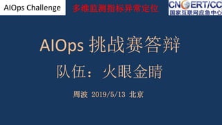 多维监测指标异常定位
AIOps 挑战赛答辩
队伍：火眼金睛
周波 2019/5/13 北京
AIOps Challenge
 