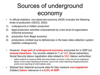 Sources of underground
economy
• In official statistics, non-observed economy (NOE) includes the following
kinds of production (OECD, 2002)
1) underground or hidden production
2) legal production activities characterized by a low level of organization
(informal economy)
3) production from illegal economy
4) productions omitted due to deficiencies in the basic data collection system
(statistic underground).
• However, large part of underground economy accounted for in GDP but
missed elsewhere. Tax records related to IT or VAT (fiscal authorities),
Social Security labour registration data related to SSC (labour authorities)
– Italian method to measure NOE assumes hidden economy: i) the use of non-registered
labour ii) the under-reporting of turnover, due to the under-reporting of legal production
and/or over-reporting of intermediate costs
• Stylized fact: National accounts data for Italy measure non-registered
(hidden) labour relevance in a 6.5% of GDP.