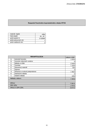 Zmluva číslo: ZM2004254
10
Rozpočet finančného koprodukčného vkladu RTVS
materiál: digital video
čistá stopáž: 26 - 45´
po...