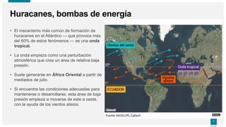 7
7
Huracanes, bombas de energía
• El mecanismo más común de formación de
huracanes en el Atlántico — que provoca más
del 60% de estos fenómenos — es una onda
tropical.
• La onda empieza como una perturbación
atmosférica que crea un área de relativa baja
presión.
• Suele generarse en África Oriental a partir de
mediados de julio.
• Si encuentra las condiciones adecuadas para
mantenerse o desarrollarse, esta área de baja
presión empieza a moverse de este a oeste,
con la ayuda de los vientos alisios.
 
