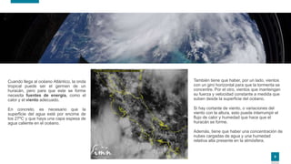 8
Cuando llega al océano Atlántico, la onda
tropical puede ser el germen de un
huracán, pero para que este se forme
necesita fuentes de energía, como el
calor y el viento adecuado.
En concreto, es necesario que la
superficie del agua esté por encima de
los 27ºC y que haya una capa espesa de
agua caliente en el océano.
También tiene que haber, por un lado, vientos
con un giro horizontal para que la tormenta se
concentre. Por el otro, vientos que mantengan
su fuerza y velocidad constante a medida que
suben desde la superficie del océano.
Si hay cortante de viento, o variaciones del
viento con la altura, esto puede interrumpir el
flujo de calor y humedad que hace que el
huracán se forme.
Además, tiene que haber una concentración de
nubes cargadas de agua y una humedad
relativa alta presente en la atmósfera.
 