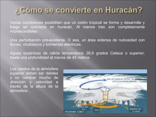 Varias condiciones posibilitan que un ciclón tropical se forme y desarrolle y luego se convierta en huracán. Al menos tres son completamente imprescindibles:  Una perturbación pre-existente. O sea, un área extensa de nubosidad con lluvias, chubascos y tormentas eléctricas. Aguas oceánicas de cálida temperatura: 26,6 grados Celsius o superior, hasta una profundidad al menos de 45 metros. Los vientos de la atmósfera superior deben ser débiles y no cambiar mucho de dirección y velocidad a través de la altura de la atmósfera . 
