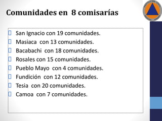 Comunidades en 8 comisarías
San Ignacio con 19 comunidades.
Masiaca con 13 comunidades.
Bacabachi con 18 comunidades.
Rosales con 15 comunidades.
Pueblo Mayo con 4 comunidades.
Fundición con 12 comunidades.
Tesia con 20 comunidades.
Camoa con 7 comunidades.
 