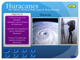 Huracanes
    Por: Héctor Pacheco Pérez y Juan G Ortiz Horrach
                                                       Salir



        OBJETIVOS                  Huracán
   • Conocer lo que es un
          Huracán
• Aprender como se forman
       los huracanes.

• Aprender las categorÍas en
    que se clasifican los
        Huracanes

    • Conocer los daños que
      pueden ocasionar los
          Huracanes.



1          2          3        4

5          6          7        8
 