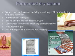 







Sequence of hurdles ensures stability at each stage. All hurdles decline
with time except aw.
Nitrite inhibits pathogens.
growth of other bacteria depletes oxygen
Low oxygen favours acid-producing competitive flora
Acid decreases pH
Aw hurdle gradually increases due to drying.

 