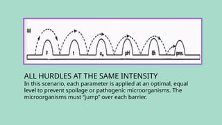 ALL HURDLES AT THE SAME INTENSITY
In this scenario, each parameter is applied at an optimal, equal
level to prevent spoilage or pathogenic microorganisms. The
microorganisms must “jump” over each barrier.
 