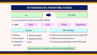 4/6/2022 19
INTERMEDIATE-MOISTURE FOODS
Storable without refrigeration, and cost and energy efficient
𝑎𝑤 0.9–0.60
 𝑎𝑤 is the primary hurdle for microbial stability
Meat Fish Fruits Vegetables
 IMFs
Hurdles IMF’s Stability
 Heating
 Preservatives
 Competitive
microflora
 Redox potential
 Maillard reaction
 pH
 Detection and description of micro stable IMF
 Effective preservative factors
 Preservation and quality of food with hurdle
 