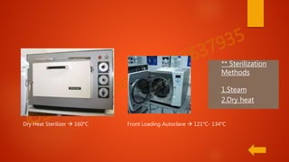 Dry Heat Sterilizer  160°C
** Sterilization
Methods
1.Steam
2.Dry heat
Front Loading Autoclave  121°C- 134°C
 