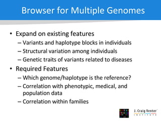 Browser for Multiple Genomes Expand on existing features Variants and haplotype blocks in individuals Structural variation among individuals Genetic traits of variants related to diseases Required Features Which genome/haplotype is the reference? Correlation with phenotypic, medical, and population data Correlation within families 