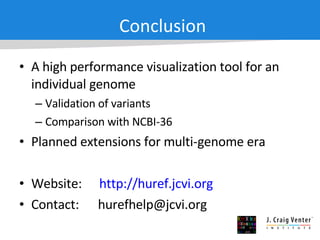 Conclusion A high performance visualization tool for an individual genome Validation of variants Comparison with NCBI-36 Planned extensions for multi-genome era Website: http://huref.jcvi.org Contact:  [email_address] 