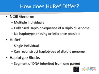 How does HuRef Differ? NCBI Genome Multiple individuals Collapsed Haploid Sequence of a Diploid Genome No haplotype phasing or inference possible HuRef Single individual Can reconstruct haplotypes of diploid genome Haplotype Blocks Segment of DNA inherited from one parent 