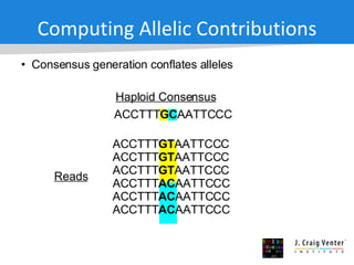 Computing Allelic Contributions Consensus generation conflates alleles Reads ACCTTT GT AATTCCC ACCTTT GT AATTCCC ACCTTT GT AATTCCC ACCTTT AC AATTCCC ACCTTT AC AATTCCC ACCTTT AC AATTCCC Haploid Consensus ACCTTT GC AATTCCC 