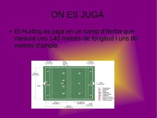 ON ES JUGA
● El Hurling es juga en un camp d'herba que
mesura uns 140 metres de longitud i uns 80
metres d'ample.
 