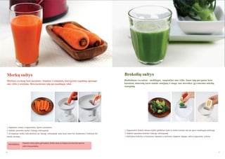 Morkų sultys

Brokolių sultys

Morkose yra daug beta karoteno, vitamino A atmainos, kuris gerina regėjimą, apsaugo
nuo vėţio ir senėjimo. Beta karotenas taip pat naudingas odai.

Brokoliuose yra seleno - medţiagos, saugančios nuo vėţio. Juose taip pat gausu beta
karoteno, mineralų, kurie stabdo senėjimą ir saugo nuo nesveikos gyvensenos sukeltų
susirgimų.

1. Nuplaukite morkas ir supjaustykite ilgomis juostelėmis.
2. Sudėkite paruoštas morkas į lėtaeigę sulčiaspaudę.

1. Supjaustykite brokolį reikiamo dydţio gabalėliais kartu su stiebu, kuriame taip pat gausu naudingųjų medţiagų.

3. Jei išspaustas morkų sultis perleisite per lėtaeigę sulčiaspaudę antrą kartą, sultys bus skaidresnės, o tinklelyje liks

2. Sudėkite paruoštus brokolius į lėtaeigę sulčiaspaudę.

maţiau nuosėdų.

3. Maišydami brokolius su kriaušėmis, obuoliais ar melionais, išspausite daugiau sulčių ir pagerinsite jų skonį.

PATARIMAS

46

Oranţinė morkų spalva gali nudaţyti tinklelį, tačiau jis išsiplaus, kai kitą kartą spausite
sultis iš kitų produktų.
47

 