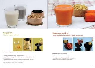 Sojų pienas

Morkų - sojų sultys

Sojų piene yra gausu baltymų.

Morkų - sojų sultys gerina regėjimą ir padeda išvengti vėţio.

Ingredientai: virtos sojų pupelės, vanduo arba pienas
Ingredientai: morkos, virtos sojų pupelės
1. Sumaišykite sojų pupeles su vandeniu arba pienu santykiu 1:1.
2. Atsargiai pilkite mišinį į lėtaeigę sulčiaspaudę. Pupelių ir vandens arba pieno kiekvieną kartą

1. Nuplaukite morkas ir supjaustykite reikiamo dydţio gabalėliais.

imkite lygiomis dalimis.

2. Išvirtas pupeles ir morkas į lėtaeigę sulčiaspaudę dėkite pakaitomis.

3. Norėdami pašalinti nuosėdas, perleiskite sojų pieną per lėtaeigę sulčiaspaudę antrą kartą.

3. Morkos turi maţai skysčių, todėl prireikus įpilkite vandens.

Taip pat naudinga vartoti vandenį, kuriame virė sojų pupelės.

74

75

 