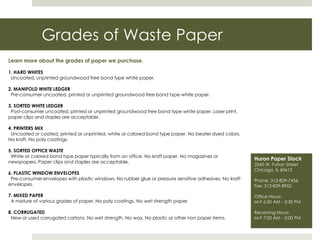 Grades of Waste Paper Learn more about the grades of paper we purchase. 1. HARD WHITES   Uncoated, unprinted groundwood free bond type white paper.  2. MANIFOLD WHITE LEDGER  Pre-consumer uncoated, printed or unprinted groundwood free bond type white paper.  3. SORTED WHITE LEDGER  Post-consumer uncoated, printed or unprinted groundwood free bond type white paper. Laser print, paper clips and staples are acceptable.  4. PRINTERS MIX  Uncoated or coated, printed or unprinted, white or colored bond type paper. No beater dyed colors. No kraft. No poly coatings.  5. SORTED OFFICE WASTE  White or colored bond type paper typically from an office. No kraft paper. No magazines or newspapers. Paper clips and staples are acceptable.  6. PLASTIC WINDOW ENVELOPES  Pre-consumer envelopes with plastic windows. No rubber glue or pressure sensitive adhesives. No kraft envelopes.  7. MIXED PAPER  A mixture of various grades of paper. No poly coatings. No wet strength paper.  8. CORRUGATED  New or used corrugated cartons. No wet strength. No wax. No plastic or other non paper items. Huron Paper Stock2545 W. Fulton StreetChicago, IL 60612 Phone: 312-829-7456 Fax: 312-829-8952 Office Hours:M-F 6:30 AM - 3:30 PM Receiving Hours:M-F 7:00 AM - 3:00 PM 