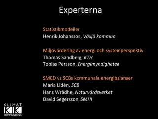 Experterna
Statistikmodeller
Henrik Johansson, Växjö kommun

Miljövärdering av energi och systemperspektiv
Thomas Sandberg, KTH
Tobias Persson, Energimyndigheten

SMED vs SCBs kommunala energibalanser
Maria Lidén, SCB
Hans Wrådhe, Naturvårdsverket
David Segersson, SMHI
 