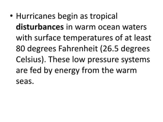 • Hurricanes begin as tropical
disturbances in warm ocean waters
with surface temperatures of at least
80 degrees Fahrenheit (26.5 degrees
Celsius). These low pressure systems
are fed by energy from the warm
seas.
 