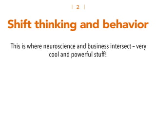 This is where neuroscience and business intersect – very
cool and powerful stuff!
Shift thinking and behavior
2
 