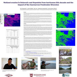 Pat   Fitzpatrick1,                  Sachin              Bhate 1,             Yee         Lau 1,         Valentine                   Anantharaj 1,                        and Suzanne                 Shean 2
                                                                               1Mississippi    State University, Geosystems Research Institute; 2 Mississippi State University, Northern Gulf Institute

                                                                                            Background
                                                                                                                                                                                                                                                                                                 Landsat 5 depiction of Hopedale and Delacroix marsh pre-Katrina, October 20, 2003
                                                                                            The wetlands in coastal Louisiana have experienced substantial erosion since the 1930s. Mississippi River levees have deprived the region of land-sustaining sediments, and is
                                                                                            the primary contributor to wetland loss. Man-made canals, faults activated by energy drilling, tropical cyclones, and sea-level rise have also accelerated this land loss. As water
          Caernarvon Diversion   Areas of Interest in Hopedale                              bodies enlarge, wave action has also contributed to the erosion. An additional feedback from this erosion is saltwater intrusion, which changes the local ecology and is
                                        And Delacroix                                       hypothesized to devastate wetlands.

                                                                                            One tool for countering Louisiana’s wetland erosion is river diversions. Diversions are designed to infuse freshwater into existing wetlands with limited sediment, while others
                                                                                            are land-building projects. Peak flow rates range from 8000-10,650 cfs. Among them are the Caernarvon Fresh Water Diversion Project in upper Breton Sound east of the
                                                                                            Mississippi River, which is a nourishment project opened in 1992 designed to alter salinity conditions. The goal of Caernarvon is to bring the 5 ppt and 15 ppt salinity lines back
                                                                                            to historical averages (Louisiana Department of Natural Resources, 2006). Caernarvon dramatically changed the nearby land characteristics, increasing freshwater marsh plant
                                                                                            coverage near the diversion, and growing intermediate marsh plants in the formerly brackish areas.

                                                                                            However, the altered landscape may not be resilient to hurricane storm surge. Hurricanes Gustav (2008), Ike (2008) Rita (2005), and Katrina (2005) caused erosion of the
                                                                                            Louisiana marshes (Barras 2006, 2007). The 2008 and 2005 hurricanes occurred within weeks of each other, and each can essentially be treated as combined events. One area
                                                                                            that experienced serious damage was the Delacroix region, particularly in the fresh and intermediate marsh regions near the Caernarvon. The damage consisted of expanded
                                                                                            ponds; compressed, rolled, or inverted marsh; scoured and denuded marsh; and shoreline erosion.

                                                                                            The goal of this research is to quantify the marsh degradation areas: 1) north of the Mississippi River Gulf Outlet (MRGO) in an area known as the Biloxi marsh (consisting of
                                                                                            intermediate and saltwater marsh); 2) the saline outer marsh of Delacroix near Black Bay; and 3) the interior Caernarvon brackish and freshwater marsh in Delacroix. This
                                                                                            analysis is performed for pre-Katrina/Rita, pre-Katrina/Rita, and post-Gustav/Ike using data from NOAA’s Coastal Change Analysis Program (C-CAP) program [distributed by
                                                                                            the Coastal Services Center], and from the Landsat 5 Thematic Mapper (TM) satellite sensor. Interviews and a boat tour of the Delacroix marsh were also conducted with Mr.
                                                                                            “Buddy” Melerine and his grandson Philip Mones, two commercial fishermen.

                                                                                            Methodology

                                                                                            The C-CAP program provides a nationally standardized database on land cover and habitat change, typically in 5-year cycles starting in 1996 (Dobson et al. 1995). A special
                                                                                            dataset was also developed for pre- and post-Katrina. C-CAP utilizes Landsat 5 and Landsat 7 TM scenes on days lacking clouds, haze, or extreme humidity, consisting of 15-22
                                                                                            satellite scenes. Landsat resolution is 30 m, sufficient for capturing marsh features. Land-water classification was determined from a Classification and Regression Tree (CART)
                                                                                            scheme, then further refined by hand-editing. This resulted in 25 land attributes as shown in the top left figure.

                                                                                            Because no C-CAP data was available post-Gustav, MSU developed a methodology to investigate this storm’s impact on Delacroix and Hopedale. We also utilized this scheme to
                                                                                            examine Katrina’s impact as a redundancy check against the C-CAP data. Landsat 5 TM data were first calibrated to a sensor radiance and then the TOA reflectance values were
                                                                                            calculated (Chander et al. 2009). We then derived the Normalized Difference Water Index (NDWI) and Normalized Difference Vegetation Index (NDVI) where NDWI = (SWIR
                                                                                            - Red) / (SWIR + Red) and NDVI = (NIR - Red) / (NIR + Red). The shortwave infrared (SWIR) channel (Band 5) exhibits a strong contrast between land and water features due
                                                                                            to the high degree of absorption of mid-infrared energy by water, even turbid water (Alesheikh et. al 2007). The near-infrared (NIR) channel is Band 4, and visible red channel is
                                                                                            Band 3. The computed values of NDWI and NDVI, ranging between -1 and +1, were converted to digital numbers (DN) in the range of 0 - 255. The classification technique used
                                                                                            was in the following sequential order: 0≤NDWI≤100, “water”; 0≤NDVI≤100, “vegetation/not-water”; 100≤NDWI≤120, “probably water”; and 140≤NDWI<150, “probably
                                                                                            land/not-water”. Other pixels were unclassified, and often associated with clouds.                                                                                                                 Landsat 5 depiction of Hopedale and Delacroix marsh post-Gustav, September 2, 2009

                                                                                            However, producing a single composite dataset from multiple Landsat images is difficult. Pixel brightness values for wetland classification schemes are affected by seasonal and
                                                                                            annual phenological vegetation cycles; cloud coverage and cloud shadows; tide stage; water levels; sun angle; calibration issues; earth/sun distance; atmospheric conditions, and
                                                                                            sun/target/sensor geometry (phase angle). Therefore, our approach consisted of qualitative quality control to remove datasets with excessive cloud coverage. The data is then
                                                                                            subsetted into 11 Areas of Interest (top left figure), and statistical significance tests are calculated for water coverage change before and after Katrina and Gustav. Because the
                                                                                            data is not normally distributed, the nonparametric Wilcoxon rank-sum test is used. Wilcoxon arranges two samples in ascending (or descending) value orders, a rank is assigned
                                                                                            to each value, and the ranks are added for each sample. The significance is then assessed (through a p value) based on the size difference between the cumulative rankings. A
                                                                                            small p value is generally interpreted as evidence against the null hypothesis, which is to reject the premise of no difference between the two samples. Generally, the following
                                                                                            interpretations are used by statisticians as evidence against the null hypothesis: 0.15 > p ≥ 0.05, suggestive but inconclusive; 0.05 > p ≥ 0.01, moderately convincing; 0.01 > p ≥
                                                                                            0.001, convincing; and p < 0.001, very convincing. These four situations are tabulated as ^, *, **, and ***, respectively.

                                                                                            Results

                                                                                            Table 1 shows wetland erosion results based on C-CAP data. The largest erosion rates [calculated as 100X(Pre-value-Post-value)/Pre-value]from 1996-2005 occurred near the
                                                                                            diversion in AOI-1 and AOI-2 of 14.5% and 20.9%, respectively. Additional notable 1996-2005 rates include: AOI-10, 8.1%; AOI-9, 3.9%; AOI-11, 3.9%; and AOI-3, 2.7%.
                                                                                            Other regional changes were negligible. Katrina caused erosion throughout the region, but the biggest proportional changes are in the diversion area. AOI-1 changed from 13.5%
                                                                                            to 52.5% water coverage, a 289.4% increase; and AOI-2 from 14.0% to 37.7% water coverage, a 168% increase. The intermediate marsh suffered degradation as well but not as
                                                                                            large with AOI-9 from 56.1% to 68.4% water coverage (a 22.0% increase). Other regions range from 3-11% water coverage increase due to Katrina’s impact.

                                                                                            The MSU methodology shows similar results. The mean water coverage is shown in Table 2, but because the data contains scatter some regional values are different than Table 1.
                                                                                            Histograms of these plots are attached to this poster. Its more appropriate to use the statistical significance tests to assess wetland coverage change (Table 3). Table 3 shows
                                                                                            statistically significant changes to all diversion regions at a very convincing level. Also note that Hurricane Gustav caused the largest water percentage increase in AOI-1, AOI-2,
                                                                                            and AOI-9. Because of scatter, the significance levels are not as high, but the areas closest to the diversion have the smallest p-values. An example of Landsat land-water
                                                                                            classification is shown in the top right figures for Pre-Katrina and Post-Gustav. Note the increased open water and marsh shearing patterns near the diversion region from both
                                                                                            hurricanes.

                                                                                            These results suggest that the current Caernarvon implementation for land restoration may be flawed since it does not consider hurricane impacts. It is clear that regions near the
                                                                                            diversion experienced large amounts of land loss relative to areas near Black Bay and north of MRGO after the 2005 and 2008 hurricanes. We hypothesize that the freshwater
                                                                                            species composition hasn’t become diverse enough, and currently consists of mostly floating species instead of rooted plants. This type of vegetation is not hurricane-resilient nor
                                                                                            does it protect sediment, which then gets transported to the levee system as shown in the lower-right picture. The result is land loss, the opposite of its intended purpose. The
                                                                                            primary cause is possibly the manipulation of nature through a narrow canal system instead of allowing a riverine, sediment-rich bank overflow. Given enough time, saline-hardy,
                                                                                            rooted freshwater vegetation may become established in western Delacroix with the Caernarvon diversion. However, the return period in this region is 2-6 years for tropical
                                                                                            storms, 6-10 years for Category 1 hurricanes, and 24-43 years for Category 3 hurricanes (National Hurricane Center 2010, Emanuel and Jagger 2010). Therefore, establishment
                                                                                            of a hurricane-hardy wetlands in the freshwater marsh regions may not occur, and suggests that freshwater diversion concepts need to be re-engineered possibly into a multiple
                                                                                            “leaky levee” concept supplemented by sediment pipes and prioritized land re-creation. It is further noteworthy that the largest erosion rates before Katrina were also in the
                                                                                            diversion region. This work also suggests that the negative perception of saltwater intrusion in wetland restoration be re-examined. Certainly saltwater intrusion can have                                Where did the land go during Katrina? Toward western Delacroix.
                                                                                            negative consequences, but we propose that an assessment of wetland resiliency is just as important before freshwater is reintroduced into an area. The Biloxi Marsh north of                              This is the diversion canal where commercial and jackup boats
                                                                                            Hopedale is an example of a stable saltwater marsh environment that adjusted to habitat change from the MRGO.                                                                                              sought safe-harbor. Its filled with vegetation and sediment !

                                                                                            References

                                                                                            Alesheikh, A. A., A. Ghorbanali, and N. Nouri, 2007. Coastline change detection using remote sensing. Int. J. Environ. Sci. Tech., 4, 61-66.
                                                                                            Barras, J. A., 2006. Land area changes in coastal Louisiana after the 2005 hurricanes – a series of three maps. USGS Open File Report 2006-1274. Also
                                                                                                       http://pubs.usgs.gov/of/2006/1274 .
                                                                                            Barras, J. A., 2007. Land area changes in coastal Louisiana after Hurricanes Katrina and Rita. Science and the storms: the USGS response to the hurricanes of 2005. USGS
                                                                                                       Circular 1306, 96-113. Also http://pubs.usgs.gov/circ/1306/pdf/c1306 .
                                                                                            Dobson, J. E., E. A. Bright, R. L. Ferguson, D. W. Field, L. L. Wood, K. D. Haddad, J. Ireland, J. R. Jensen, V. V. Klemas, R. J. Orth, and J. P. Thomas, 1995: NOAA Coastal
                                                                                                       Change Analysis Program (C-CAP): Guidance for Regional Implementation, NOAA Technical Report NMFS 123, U.S. Department of Commerce, 92 pp.
                                                                                            Chander, G., B. L. Markham, and D. L. Helder, 2009. Summary of current radiometric calibration coefficients for Landsat MSS, TM, ETM+, and EO-1 ALI sensors. Remote
                                                                                                       Sensing Env., 113, 893-903.
                                                                                            Emanuel, K., and T. Jagger, 2010. On estimating hurricane return periods. J. Appl. Meteor. Clim. In press.
                                                                                            National Hurricane Center, 2010. Return periods. Available at http://www.nhc.noaa.gov/HAW2/english/basics/return.shtml
                                                                                            Louisiana Department of Natural Resources, 2006. Caernarvon freshwater diversion project annual report. 50 pp. Available at http://dnr.louisiana.gov/crm/coastres/project.asp?id=BS-08




                                                                                                                                                                                                                                                                                                                    Diversion canal today after dredging




78-year old “Buddy” Melerine, a life-long commercial fisherman in Delacroix,          Buddy’s grandson Philip Mones provided a boat tour of the diversion area                                             Philip shows a region which used to be land that now he crabs on. This
 gave detailed background information on the diversion impact during the              and adjacent marshes                                                                                                 Is about 5 miles from the diversion, near AOI-1.
interview process.
 