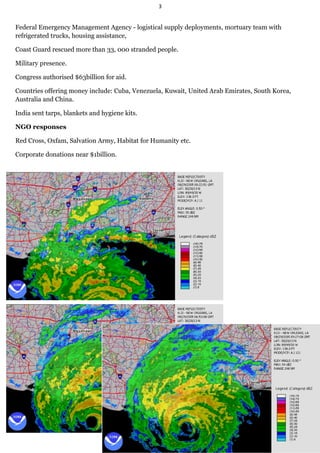 3


Federal Emergency Management Agency - logistical supply deployments, mortuary team with
refrigerated trucks, housing assistance,

Coast Guard rescued more than 33, 000 stranded people.

Military presence.

Congress authorised $63billion for aid.

Countries offering money include: Cuba, Venezuela, Kuwait, United Arab Emirates, South Korea,
Australia and China.

India sent tarps, blankets and hygiene kits.

NGO responses

Red Cross, Oxfam, Salvation Army, Habitat for Humanity etc.

Corporate donations near $1billion.
 