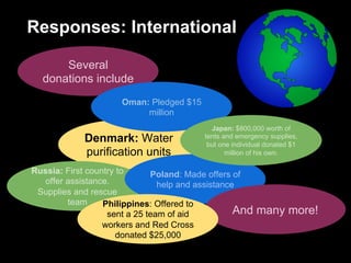 Responses: International
Denmark: Water
purification units
Russia: First country to
offer assistance.
Supplies and rescue
team
Poland: Made offers of
help and assistance
And many more!
Philippines: Offered to
sent a 25 team of aid
workers and Red Cross
donated $25,000
Several
donations include
Oman: Pledged $15
million
Japan: $800,000 worth of
tents and emergency supplies,
but one individual donated $1
million of his own.
 