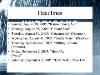 Headlines Sunday, August 28, 2005: “K a trina Takes Aim” Monday, August 29, 2005: “ Gr ound Zero” Tuesday, August 30, 2005:  “Ca tastrophic”   (Printout)  Wednesday, August 31, 2005: “U n der Water”   (Printout)  Thursday, September 1, 2005: “H i tting Bottom ” (Printout)                            Friday, September 2, 2005:  “H elp Us, Please ”                            Saturday, September 3, 2005: “F i rst Water, Now Fire” 