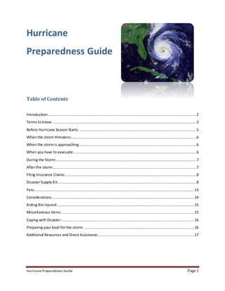 Hurricane Preparedness Guide Page 1
Hurricane
Preparedness Guide
Table of Contents
Introduction:......................................................................................................................................2
Terms to know:..................................................................................................................................3
Before Hurricane Season Starts: ..........................................................................................................5
When the storm threatens:.................................................................................................................6
When the stormis approaching:..........................................................................................................6
When you have to evacuate:...............................................................................................................6
During the Storm:...............................................................................................................................7
After the storm:..................................................................................................................................7
Filing Insurance Claims:.......................................................................................................................8
Disaster Supply Kit:.............................................................................................................................8
Pets:................................................................................................................................................13
Considerations:................................................................................................................................14
Aiding the injured:............................................................................................................................15
Miscellaneous Items:........................................................................................................................15
Coping with Disaster:........................................................................................................................16
Preparing your boat for the storm: ....................................................................................................16
Additional Resources and Direct Assistance:.......................................................................................17
 