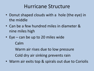 Hurricane Structure
• Donut shaped clouds with a hole (the eye) in
the middle
• Can be a few hundred miles in diameter &
nine miles high
• Eye – can be up to 20 miles wide
Calm
Warm air rises due to low pressure
Cold dry air sinking prevents rain
• Warm air exits top & spirals out due to Coriolis
 