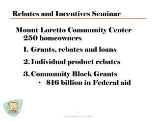 Rebates and Incentives Seminar

 Mount Loretto Community Center
  250 homeowners
   1.  Grants, rebates and loans
   2. Individual product rebates
   3. Community Block Grants
        •  $16 billion in Federal aid



                                     1
                © 2012 Save Big Bread LLC. All rights reserved.
 