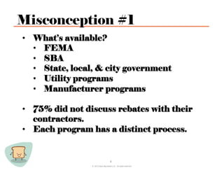 Misconception #1
•  What’s available?
   •  FEMA
   •  SBA
   •  State, local, & city government
   •  Utility programs
   •  Manufacturer programs

•  75% did not discuss rebates with their
   contractors.
•  Each program has a distinct process.


                                      4
                 © 2012 Save Big Bread LLC. All rights reserved.
 