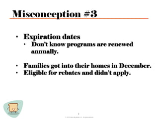 Misconception #3

•  Expiration dates
  •  Don’t know programs are renewed
     annually.

•  Families got into their homes in December.
•  Eligible for rebates and didn’t apply.




                                     6
                © 2012 Save Big Bread LLC. All rights reserved.
 