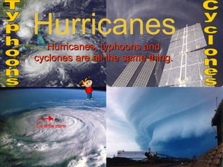 Hurricanes Hurricanes, typhoons and cyclones are all the same thing. Cyclones Typhoons 