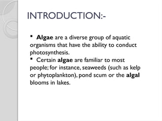  Algae are a diverse group of aquatic
organisms that have the ability to conduct
photosynthesis.
 Certain algae are familiar to most
people; for instance, seaweeds (such as kelp
or phytoplankton), pond scum or the algal
blooms in lakes.
INTRODUCTION:-
 