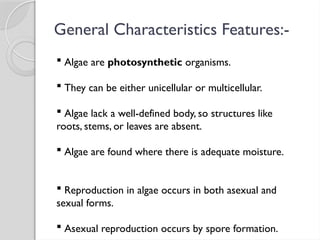  Algae are photosynthetic organisms.
 They can be either unicellular or multicellular.
 Algae lack a well-defined body, so structures like
roots, stems, or leaves are absent.
 Algae are found where there is adequate moisture.
 Reproduction in algae occurs in both asexual and
sexual forms.
 Asexual reproduction occurs by spore formation.
General Characteristics Features:-
 