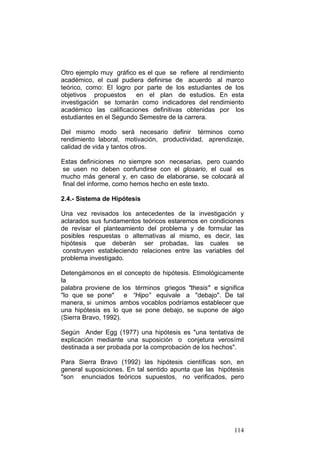 114
Otro ejemplo muy gráfico es el que se refiere al rendimiento
académico, el cual pudiera definirse de acuerdo al marco
teórico, como: El logro por parte de los estudiantes de los
objetivos propuestos en el plan de estudios. En esta
investigación se tomarán como indicadores del rendimiento
académico las calificaciones definitivas obtenidas por los
estudiantes en el Segundo Semestre de la carrera.
Del mismo modo será necesario definir términos como
rendimiento laboral, motivación, productividad, aprendizaje,
calidad de vida y tantos otros.
Estas definiciones no siempre son necesarias, pero cuando
se usen no deben confundirse con el glosario, el cual es
mucho más general y, en caso de elaborarse, se colocará al
final del informe, como hemos hecho en este texto.
2.4.- Sistema de Hipótesis
Una vez revisados los antecedentes de la investigación y
aclarados sus fundamentos teóricos estaremos en condiciones
de revisar el planteamiento del problema y de formular las
posibles respuestas o alternativas al mismo, es decir, las
hipótesis que deberán ser probadas, las cuales se
construyen estableciendo relaciones entre las variables del
problema investigado.
Detengámonos en el concepto de hipótesis. Etimológicamente
la
palabra proviene de los términos griegos "thesis" e significa
"lo que se pone" e “Hipo” equivale a "debajo". De tal
manera, si unimos ambos vocablos podríamos establecer que
una hipótesis es lo que se pone debajo, se supone de algo
(Sierra Bravo, 1992).
Según Ander Egg (1977) una hipótesis es "una tentativa de
explicación mediante una suposición o conjetura verosímil
destinada a ser probada por la comprobación de los hechos".
Para Sierra Bravo (1992) las hipótesis científicas son, en
general suposiciones. En tal sentido apunta que las hipótesis
"son enunciados teóricos supuestos, no verificados, pero
 