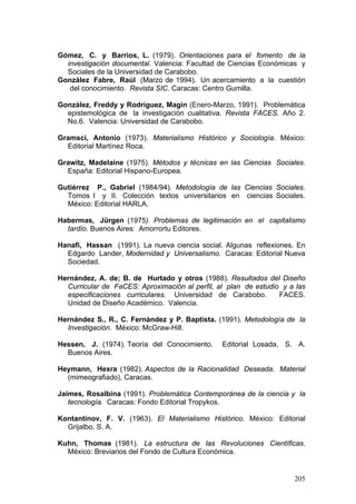 205
Gómez, C. y Barrios, L. (1979). Orientaciones para el fomento de la
investigación documental. Valencia: Facultad de Ciencias Económicas y
Sociales de la Universidad de Carabobo.
González Fabre, Raúl (Marzo de 1994). Un acercamiento a la cuestión
del conocimiento. Revista SIC. Caracas: Centro Gumilla.
González, Freddy y Rodríguez, Magin (Enero-Marzo, 1991). Problemática
epistemológica de la investigación cualitativa. Revista FACES. Año 2.
No.6. Valencia: Universidad de Carabobo.
Gramsci, Antonio (1973). Materialismo Histórico y Sociología. México:
Editorial Martínez Roca.
Grawitz, Madelaine (1975). Métodos y técnicas en las Ciencias Sociales.
España: Editorial Hispano-Europea.
Gutiérrez P., Gabriel (1984/94). Metodología de las Ciencias Sociales.
Tomos I y II. Colección textos universitarios en ciencias Sociales.
México: Editorial HARLA.
Habermas, Jürgen (1975). Problemas de legitimación en el capitalismo
tardío. Buenos Aires: Amorrortu Editores.
Hanafi, Hassan (1991). La nueva ciencia social. Algunas reflexiones. En
Edgardo Lander, Modernidad y Universalismo. Caracas: Editorial Nueva
Sociedad.
Hernández, A. de; B. de Hurtado y otros (1988). Resultados del Diseño
Curricular de FaCES: Aproximación al perfil, al plan de estudio y a las
especificaciones curriculares. Universidad de Carabobo. FACES.
Unidad de Diseño Académico. Valencia.
Hernández S., R., C. Fernández y P. Baptista. (1991). Metodología de la
Investigación. México: McGraw-Hill.
Hessen, J. (1974). Teoría del Conocimiento. Editorial Losada, S. A.
Buenos Aires.
Heymann, Hexra (1982). Aspectos de la Racionalidad Deseada. Material
(mimeografiado), Caracas.
Jaimes, Rosalbina (1991). Problemática Contemporánea de la ciencia y la
tecnología. Caracas: Fondo Editorial Tropykos.
Kontantinov, F. V. (1963). El Materialismo Histórico. México: Editorial
Grijalbo, S. A.
Kuhn, Thomas (1981). La estructura de las Revoluciones Científicas.
México: Breviarios del Fondo de Cultura Económica.
 