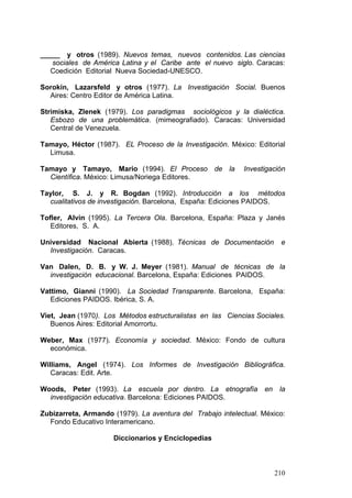 210
_____ y otros (1989). Nuevos temas, nuevos contenidos. Las ciencias
sociales de América Latina y el Caribe ante el nuevo siglo. Caracas:
Coedición Editorial Nueva Sociedad-UNESCO.
Sorokin, Lazarsfeld y otros (1977). La Investigación Social. Buenos
Aires: Centro Editor de América Latina.
Strimiska, Zlenek (1979). Los paradigmas sociológicos y la dialéctica.
Esbozo de una problemática. (mimeografiado). Caracas: Universidad
Central de Venezuela.
Tamayo, Héctor (1987). EL Proceso de la Investigación. México: Editorial
Limusa.
Tamayo y Tamayo, Mario (1994). El Proceso de la Investigación
Científica. México: Limusa/Noriega Editores.
Taylor, S. J. y R. Bogdan (1992). Introducción a los métodos
cualitativos de investigación. Barcelona, España: Ediciones PAIDOS.
Tofler, Alvin (1995). La Tercera Ola. Barcelona, España: Plaza y Janés
Editores, S. A.
Universidad Nacional Abierta (1988). Técnicas de Documentación e
Investigación. Caracas.
Van Dalen, D. B. y W. J. Meyer (1981). Manual de técnicas de la
investigación educacional. Barcelona, España: Ediciones PAIDOS.
Vattimo, Gianni (1990). La Sociedad Transparente. Barcelona, España:
Ediciones PAIDOS. Ibérica, S. A.
Viet, Jean (1970). Los Métodos estructuralistas en las Ciencias Sociales.
Buenos Aires: Editorial Amorrortu.
Weber, Max (1977). Economía y sociedad. México: Fondo de cultura
económica.
Williams, Angel (1974). Los Informes de Investigación Bibliográfica.
Caracas: Edit. Arte.
Woods, Peter (1993). La escuela por dentro. La etnografía en la
investigación educativa. Barcelona: Ediciones PAIDOS.
Zubizarreta, Armando (1979). La aventura del Trabajo intelectual. México:
Fondo Educativo Interamericano.
Diccionarios y Enciclopedias
 