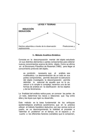 86
LEYES Y TEORIAS
INDUCCIÓN
DEDUCCIÓN
Hechos adquiridos a través de la observación Predicciones y
explicaciones
3.- Método Analítico-Sintético.
Consiste en la descomposición mental del objeto estudiado
en sus distintos elementos o partes componentes para obtener
nuevos conocimientos acerca de dicho objeto. Como se afirma
en el Diccionario Filosófico de Rosental (1980), para llegar al
conocimiento profundo del objeto,
es condición necesaria que el análisis sea
multifacético. La desmembración de un todo en sus
partes componentes, permite descubrir la estructura
del objeto investigado; la descomposición permite
delimitar lo esencial de aquello que no lo es,
reducir a lo simple lo complejo; tenemos una de las
formas de análisis en la clasificación de los objetos
y de los fenómenos.
La finalidad del análisis radica pues, en conocer las partes de
un todo, determinar los nexos o relaciones que hay entre
ellas y las leyes que rigen su desarrollo.
Este método es la base fundamental de los enfoques
epistemológicos analíticos (positivismo), que en la práctica
utilizan el método hipotético deductivo, por eso vemos como al
usarlo, se va descomponiendo la realidad al proceder a
"delimitar el problema" en el tiempo, en el espacio y en
cuanto a los diferentes factores (variables) que lo componen,
 
