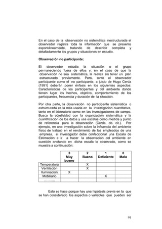 91
En el caso de la observación no sistemática inestructurada el
observador registra toda la información que se presente
espontáneamente, tratando de describir completa y
detalladamente los grupos y situaciones en estudio.
Observación no participante:
El observador estudia la situación o el grupo
permaneciendo fuera de ellos y, en el caso de que la
observación no sea sistemática, la realiza sin tener un plan
estructurado previamente. Pero, tanto el observador
participante como el no participante, a juicio de Hugo Cerda
(1991) deberán poner énfasis en los siguientes aspectos:
Características de los participantes y del ambiente donde
tienen lugar los hechos, objetivo, comportamiento de los
participantes, frecuencia y duración de la situación.
Por otra parte, la observación no participante sistemática o
estructurada es la más usada en la investigación cuantitativa,
tanto en el laboratorio como en las investigaciones de campo.
Busca la objetividad con la organización sistemática y la
cuantificación de los datos y usa escalas como medida y punto
de referencia para la observación (Cerda, ob. cit.). Por
ejemplo, en una investigación sobre la influencia del ambiente
físico de trabajo en el rendimiento de los empleados de una
empresa, el investigador debe confeccionar una Escala de
Estimación e ir a hacer la observación del ambiente en
cuestión anotando en dicha escala lo observado, como se
muestra a continuación:
3
Muy
bueno
2
Bueno
1
Deficiente
0
Malo
Temperatura X
Ventilación X
Iluminación X
Mobiliario X
……….
Esto se hace porque hay una hipótesis previa en la que
se han considerado los aspectos o variables que pueden ser
 