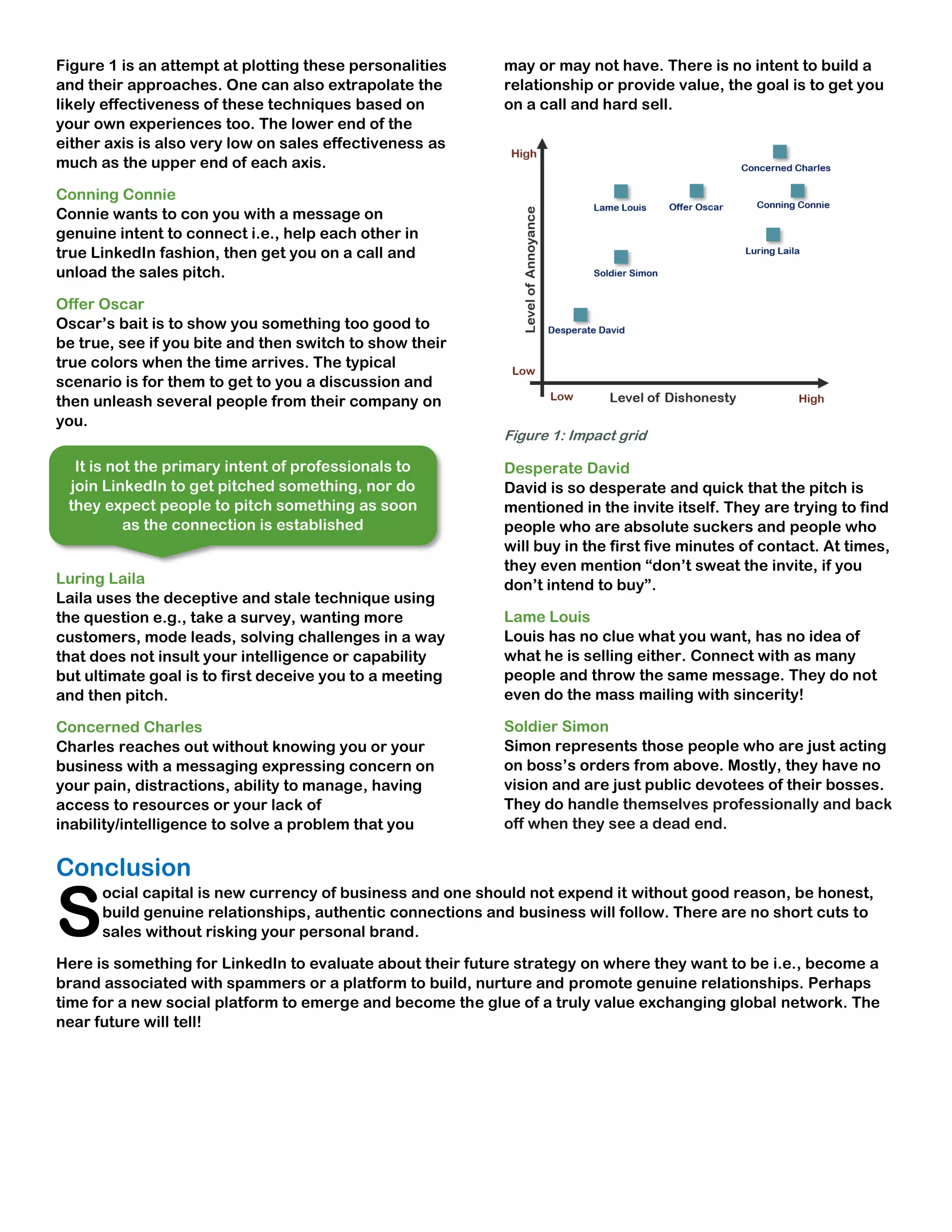 Figure 1 is an attempt at plotting these personalities
and their approaches. One can also extrapolate the
likely effectiveness of these techniques based on
your own experiences too. The lower end of the
either axis is also very low on sales effectiveness as
much as the upper end of each axis.
Conning Connie
Connie wants to con you with a message on
genuine intent to connect i.e., help each other in
true LinkedIn fashion, then get you on a call and
unload the sales pitch.
Offer Oscar
Oscar’s bait is to show you something too good to
be true, see if you bite and then switch to show their
true colors when the time arrives. The typical
scenario is for them to get to you a discussion and
then unleash several people from their company on
you.
Luring Laila
Laila uses the deceptive and stale technique using
the question e.g., take a survey, wanting more
customers, mode leads, solving challenges in a way
that does not insult your intelligence or capability
but ultimate goal is to first deceive you to a meeting
and then pitch.
Concerned Charles
Charles reaches out without knowing you or your
business with a messaging expressing concern on
your pain, distractions, ability to manage, having
access to resources or your lack of
inability/intelligence to solve a problem that you
may or may not have. There is no intent to build a
relationship or provide value, the goal is to get you
on a call and hard sell.
Figure 1: Impact grid
Desperate David
David is so desperate and quick that the pitch is
mentioned in the invite itself. They are trying to find
people who are absolute suckers and people who
will buy in the first five minutes of contact. At times,
they even mention “don’t sweat the invite, if you
don’t intend to buy”.
Lame Louis
Louis has no clue what you want, has no idea of
what he is selling either. Connect with as many
people and throw the same message. They do not
even do the mass mailing with sincerity!
Soldier Simon
Simon represents those people who are just acting
on boss’s orders from above. Mostly, they have no
vision and are just public devotees of their bosses.
They do handle themselves professionally and back
off when they see a dead end.
Conclusion
ocial capital is new currency of business and one should not expend it without good reason, be honest,
build genuine relationships, authentic connections and business will follow. There are no short cuts to
sales without risking your personal brand.
Here is something for LinkedIn to evaluate about their future strategy on where they want to be i.e., become a
brand associated with spammers or a platform to build, nurture and promote genuine relationships. Perhaps
time for a new social platform to emerge and become the glue of a truly value exchanging global network. The
near future will tell!
S
It is not the primary intent of professionals to
join LinkedIn to get pitched something, nor do
they expect people to pitch something as soon
as the connection is established
 