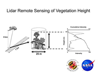 0
40
Height(m)
0 100
Intensity
Cumulative Intensity
0 1.0
25 m
8 km
Lidar Remote Sensing of Vegetation Height
 