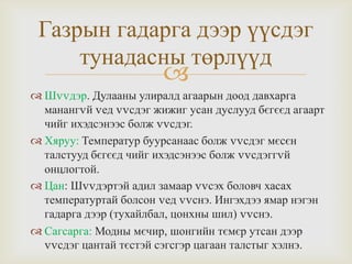 Газрын гадарга дээр үүсдэг
тунадасны төрлүүд



 Шvvдэр. Дулааны улиралд агаарын доод давхарга
манангvй vед vvсдэг жижиг усан дуслууд бєгєєд агаарт
чийг ихэдсэнээс болж vvсдэг.
 Хяруу: Температур буурсанаас болж vvсдэг мєсєн
талстууд бєгєєд чийг ихэдсэнээс болж vvсдэггvй
онцлогтой.
 Цан: Шvvдэртэй адил замаар vvсэх боловч хасах
температуртай болсон vед vvснэ. Ингэхдээ ямар нэгэн
гадарга дээр (тухайлбал, цонхны шил) vvснэ.
 Сагсарга: Модны мєчир, шонгийн тємєр утсан дээр
vvсдэг цантай тєстэй сэгсгэр цагаан талстыг хэлнэ.

 