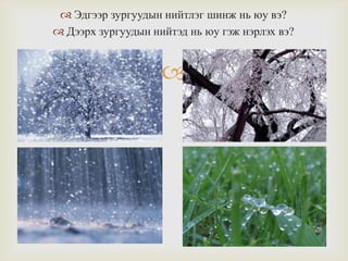  Эдгээр зургуудын нийтлэг шинж нь юу вэ?
 Дээрх зургуудын нийтэд нь юу гэж нэрлэх вэ?



 