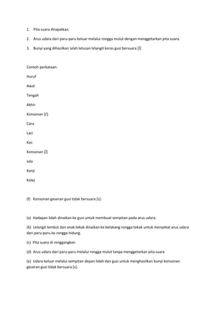 1. Pita suara dirapatkan.
2. Arus udara dari paru-paru keluar melalui rongga mulut dengan menggetarkan pita suara.
3. Bunyi yang dihasilkan ialah letusan lelangit keras gusi bersuara *Ĵ+
Contoh perkataan:
Huruf
Awal
Tengah
Akhir
Konsonan *č+
Cara
Laci
Koc
Konsonan *Ĵ+
Jala
Kanji
Kolej
(f) Konsonan geseran gusi tidak bersuara [s]:
(a) Hadapan lidah dinaikan ke gusi untuk membuat sempitan pada arus udara.
(b) Lelangit lembut dan anak tekak dinaikan ke belakang rongga tekak untuk menyekat arus udara
dari paru-paru ke rongga hidung.
(c) Pita suara di renggangkan.
(d) Arus udara dari paru-paru melalui rongga mulut tanpa menggetarkan pita suara
(e) Udara keluar melalui sempitan depan lidah dan gusi untuk menghasilkan bunyi konsonan
geseran gusi tidak bersuara [s].
 