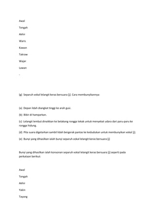 Awal
Tengah
Akhir
Waris
Kawan
Takraw
Wajar
Lawan
-
(g) Separuh vokal lelangit keras bersuara [j]. Cara membunyikannya:
(a) Depan lidah diangkat tinggi ke arah gusi.
(b) Bibir di hamparkan.
(c) Lelangit lembut dinaikkan ke belakang rongga tekak untuk menyekat udara dari paru-paru ke
rongga hidung.
(d) Pita suara digetarkan sambil lidah bergerak pantas ke kedudukan untuk membunyikan vokal [j].
(e) Bunyi yang dihasilkan ialah bunyi separuh vokal lelangit keras bersuara [j]
Bunyi yang dihasilkan ialah konsonan separuh vokal lelangit keras bersuara [j] seperti pada
perkataan berikut:
Awal
Tengah
Akhir
Yakin
Tayang
 
