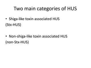 Two main categories of HUS	Shiga-like toxin associated HUS (Stx-HUS)Non-shiga-like toxin associated HUS(non-Stx-HUS)