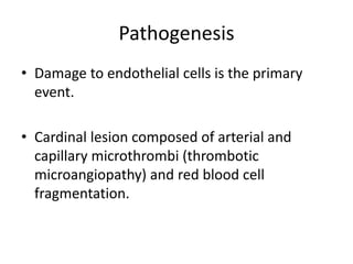 PathogenesisDamage to endothelial cells is the primary event.Cardinal lesion composed of arterial and capillary microthrombi (thrombotic microangiopathy) and red blood cell fragmentation.